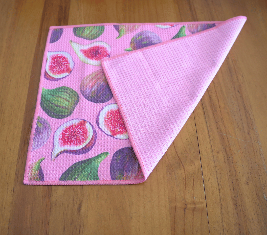 Folded DirtyGirl Fig Delight Cloth displayed on bench – Reusable and eco-friendly
