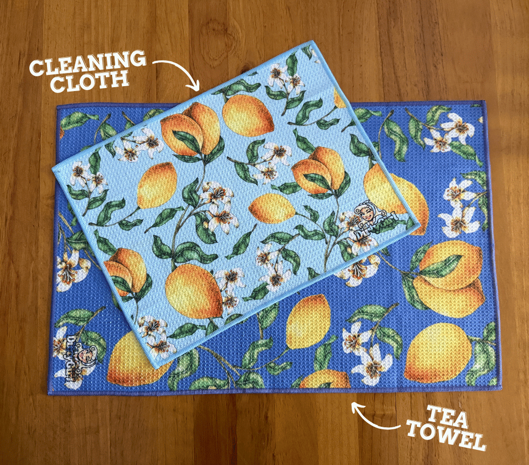 DirtyGirl Fig Delight Cloth shown with Tea Towel for size comparison – Soft on surfaces